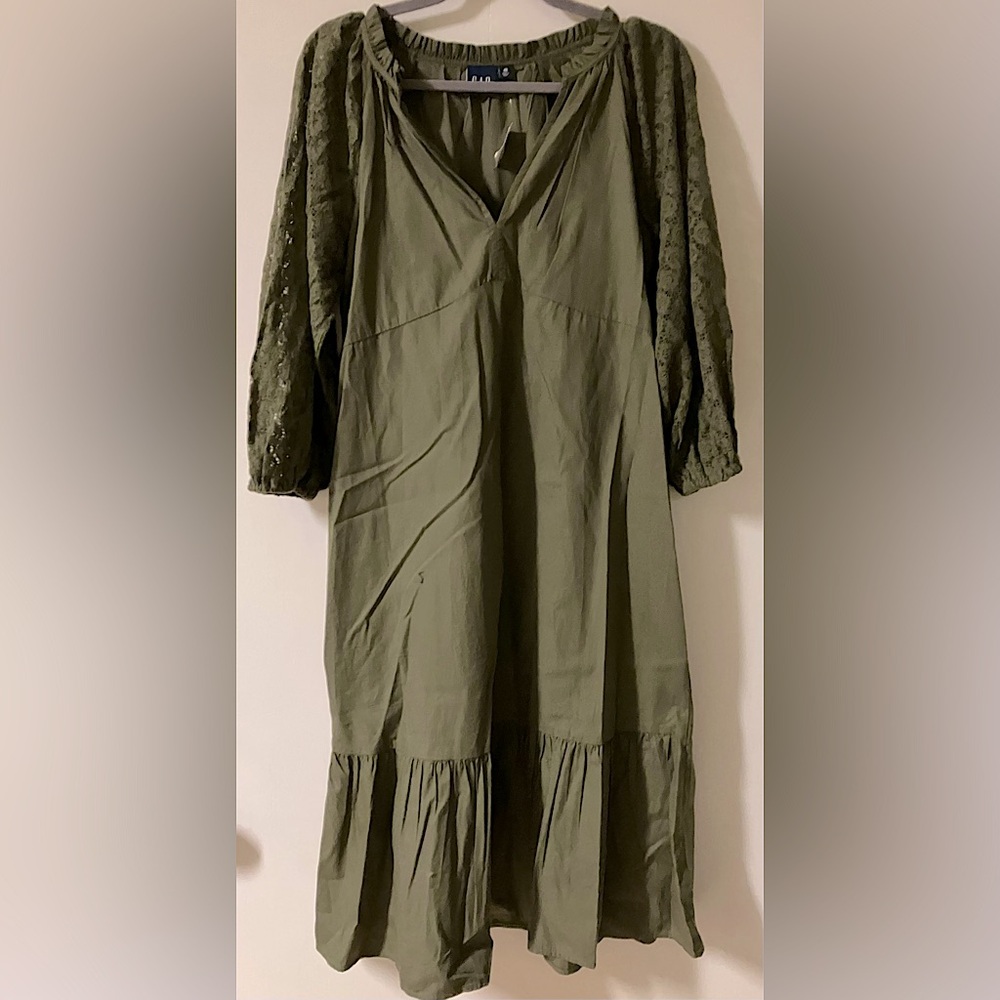 Gap Olive Green Lace Sleeve Cotton Maxi Dress - Size Medium - Picture 4 of 6